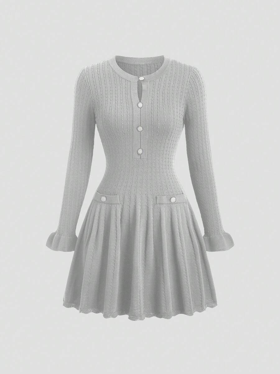 GlowEve Váy len ngắn tay dài màu xanh navy thanh lịch kiểu Pháp đầu thu, viền bèo nhún cổ điển, duyên dáng - Xám - Xem 1