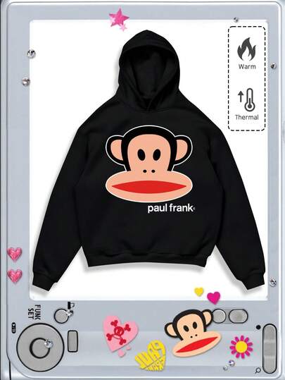 Paul Frank X ROMWE Men's Letter & Cartoon Graphic Hooded Long Sleeve Pullover Sweatshirt, Black , Fall Winter