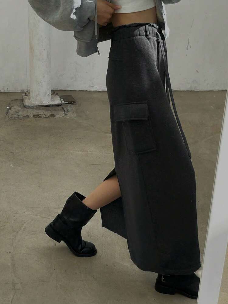 Women's Solid Color Utility Pocket Drawstring Waist Casual Thickened Skirt, Thermal Lined Thermal Lined Fall, Winter Thermal Lined