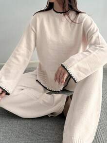 Flirla 女士休闲撞色针织毛衣和裤子两件套，秋冬 - 米色 - 查看 4