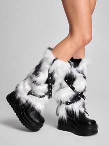 ROMWE Grunge Punk 1 đôi tất chân giữ ấm thời trang và phong cách họa tiết da báo dành cho nữ - Đen và trắng - Xem 5