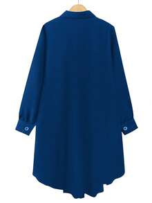 SHEIN Clasi 大码秋季休闲撞色网纱仿珍珠装饰领连衣裙 - 水鴨藍 - 查看 2