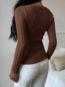 SHEIN EZwear Women's Casual Cable Knit V-Neck Bear Pattern Sweater, Autumn/Winter Brown Sweater Coffee Brown Top Brown Top Women Brown Long Sleeve Top Chocolate Brown Top,Fall,Fall Clothes For Women - Mocha Brown - View 2