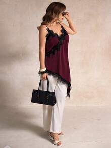 Elegantrix Camiseta sin mangas de talla grande para mujer, de estilo urbano casual, con cuello en V, parches y bajo asimétrico de encaje en unicolor - Burdeos - Ver 5