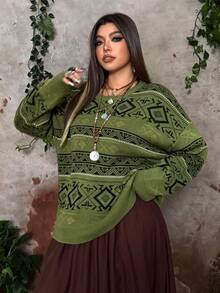 Whyspr Damtröja med rund halsringning, geometrisk jacquard och sänkta axlar, avslappnad stil