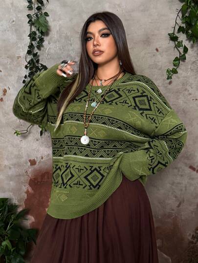 Whyspr Damtröja med rund halsringning, geometrisk jacquard och sänkta axlar, avslappnad stil