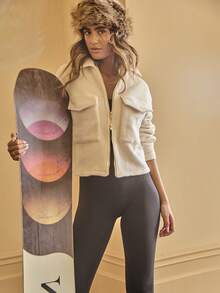 Aralina Áo khoác len pha khóa kéo ngắn có túi nắp phía trước, cổ bẻ, áo khoác ngoài cổ điển đường phố - Màu be - Xem 8