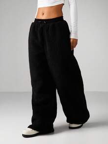 MISSGUIDED Borg Suede Wide Leg Joggers Casual Comfort Fleece Sweatpants Elastic Waist Winter Loungewear - Black - View 1