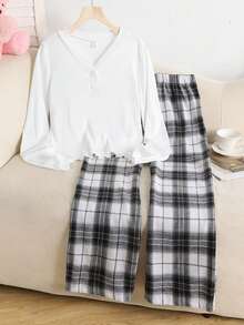 SHEIN 2 件套青少年女孩休闲格子图案 V 领半开领荷叶边长袖上衣和裤子柔软舒适睡衣套装 - 黑與白 - 查看 2