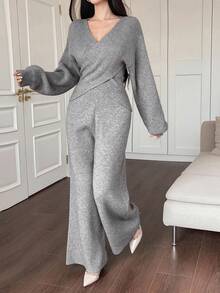 DAZY 女士优雅通勤交叉裹身毛衣和针织裤两件套