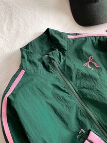 Sparklyn 2-Piece Set Tween Girl A Color-Blocked Striped Zip-Up Jacket With An Embroidered Bow And Elastic Waist Pants.Retro Sports Style Set Suitable For Street Going/Sports And Fitness/Best Friend Travel, All Season Items