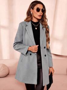 SHEIN Clasi 秋冬翻领双排扣大衣 - 淺灰色 - 查看 4