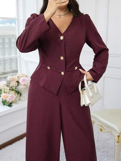 Modelyn Plus Size Elegant Commuter Top And Pants 2 Pieces Set