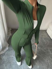 INAWLY Bộ 2 món áo khoác lửng bó sát có khóa kéo, cổ bẻ và quần ống loe cho nữ - xanh quân đội - Xem 8