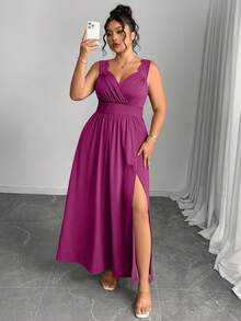 Elenzga Plus Size V-Neck Contrast Lace Spaghetti Strap Flared Hem Bodycon Dress With Slit - Purple - View 6