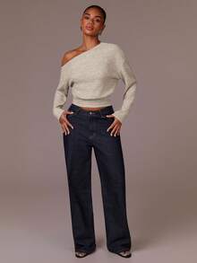 Athîral 女士纯色斜肩长袖收腰露脐时尚T恤 - 杏色 - 查看 4