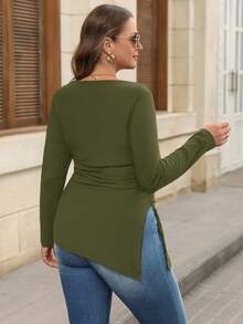 SHEIN LUNE Camiseta feminina plus size de cor sólida, gola redonda, manga comprida, fenda lateral e franzido, estilo casual, ideal para o outono, festas de fim de ano e inverno.
