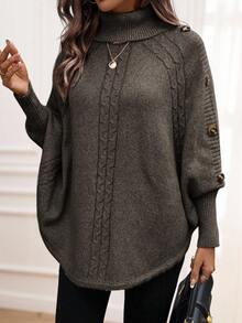 SHEIN LUNE بونشو كنزة صوفية نسائية كاجوال/للعمل بأكمام خفافيش وياقة عالية وأزرار زخرفية وحاشية غير متماثلة، خريف/شتاء - أخضر عسكري - مشاهدة 4