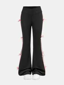SHEIN Nova Glow Tween 女童侧条纹喇叭休闲裤，撞色丝带和蝴蝶结装饰，适合返校和日常穿着 - 黑色 - 查看 8