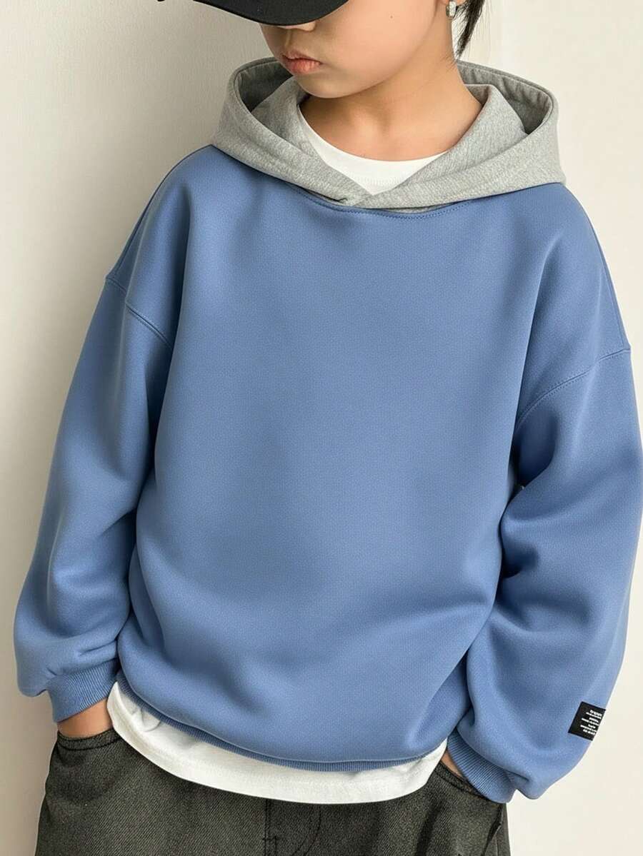 SHEIN 青少年男孩休闲运动宽松韩版撞色连帽卫衣,适合通勤、上学、日常休闲装、运动装、秋冬季、童装、青少年男孩服装、校服 - 霧霾藍 - 查看 1