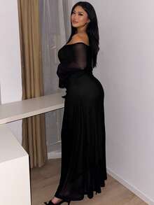 Firerie 大码优雅通勤办公室知性高端下午茶微性感约会音乐会派对INS流行复古学院风优雅性感派对聚会约会红色露肩网纱叠加长袖半透视鱼尾裙；节日；新年；派对；优雅办公室仙女长裙；新年派对礼服 - 黑色 - 查看 2