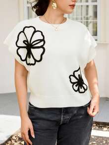 CosyJoli Plus Size Women Floral Design Batwing Short Sleeve Casual Top For Summer In Fall/Winter Flower - White - View 2