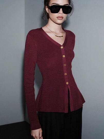 SHEIN Luminelle Nuevo elegante y estiloso cárdigan de punto de unicolor para uso diario