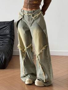 StreetHx 女士拼接毛边阔腿宽松休闲牛仔裤 - 藍色 - 查看 4