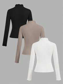 Slaydiva 3pcs/Set Casual Solid Color Versatile Layering Turtleneck Long Sleeve T-Shirt, Suitable For Autumn/Winter Fall - Multicolor - View 2
