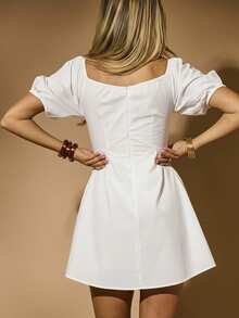 Aralina Vestido mini de manga abullonada de unicolor casual para mujer, verano - Blanco - Ver 2