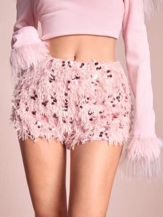 ROMWE Avant Pantaloncini mini a vita ultra bassa per donne, decorati con piume, paillettes e glitter, adatti per feste e festival