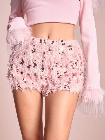 ROMWE Avant Short mini sexy à taille ultra basse orné de plumes, sequins et paillettes pour femmes, convient pour les fêtes et les festivals