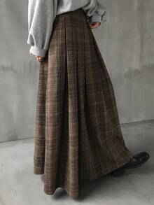 FRIFUL 女士格子百褶喇叭裙，休闲百搭长裙，适合秋冬季穿着 - 棕色 - 查看 5