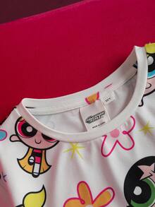 THE POWERPUFF GIRLS X SHEIN 2pcs Tween Girls Cute Cartoon Blossom, Bubbles, Buttercup Pattern Crew Neck Long Sleeve Top And Pants Knit Casual Pajama Set Powerpuff Girls Powerpuff Girls Pajamas Tween Girl Power Puff Pjs Powerpuff Girls Pjs Kids Pajamas - White - View 4