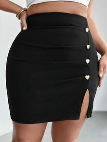 Firerie Plus Size Solid Color Versatile Commuter Split Hem Skirt - Black - View 9