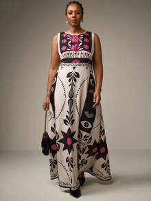 SHEIN Tall CURVE Street Style Plus Size Women Tropical Rainforest Print Sleeveless Maxi Dress,Boho Clothes Women Graphic Dress Unique Dress Patchwork Dress Floral Print Maxi Dress Abstract Print Dress Patch Work Dress Long Dress Summer Mexican Style Dress Women