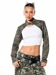 SUMWON WOMEN Extreme Cropped Moto Jacket With Cut Out Chest Detail And Stud Belt - Black - View 1