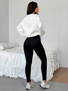 SHEIN EZwear Bộ 2 áo nỉ cổ tròn rộng rãi thoải mái và quần legging bó, in họa tiết NYC - Nhiều màu - Xem 2