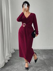 Modelyn Plus Size Women Metal Buckle Ruched Waist Crossover Neck Long Sleeve Elegant Bodycon Dress, Suitable For Commute And Party - Rose Red - View 7