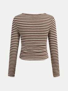 Tween Girl Striped Fitted T-Shirt, Hollow-Out Knit, Square Neck, Long Sleeve T-Shirt, Fashionable & Comfortable, Autumn/Winter - Khaki - View 2