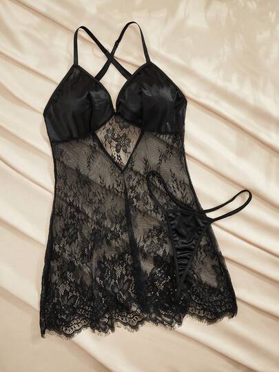 Charlaine Seksowna koszula nocna damska, koronkowy patchwork z rzęsami, prześwitująca, seksowna sukienka o średniej długości z głębokim dekoltem w serek i czarnymi stringami