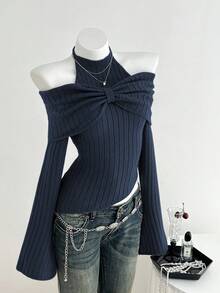 Elamini 1件女士炭灰色个性化精致露肩系带蝴蝶结设计不对称下摆弹力针织休闲毛衣，秋冬款 - 藏蓝色 - 查看 4