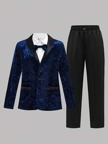 SHEIN Bộ vest 3 món Tween Boy màu xanh navy, quần đen cạp chun, áo sơ mi trắng, nơ, thích hợp cho tiệc sinh nhật, tiệc Giáng sinh, dịp trang trọng, biểu diễn, đám cưới, tiệc mừng em bé, lễ rửa tội, lễ kỷ niệm - Màu xanh lam - Xem 12