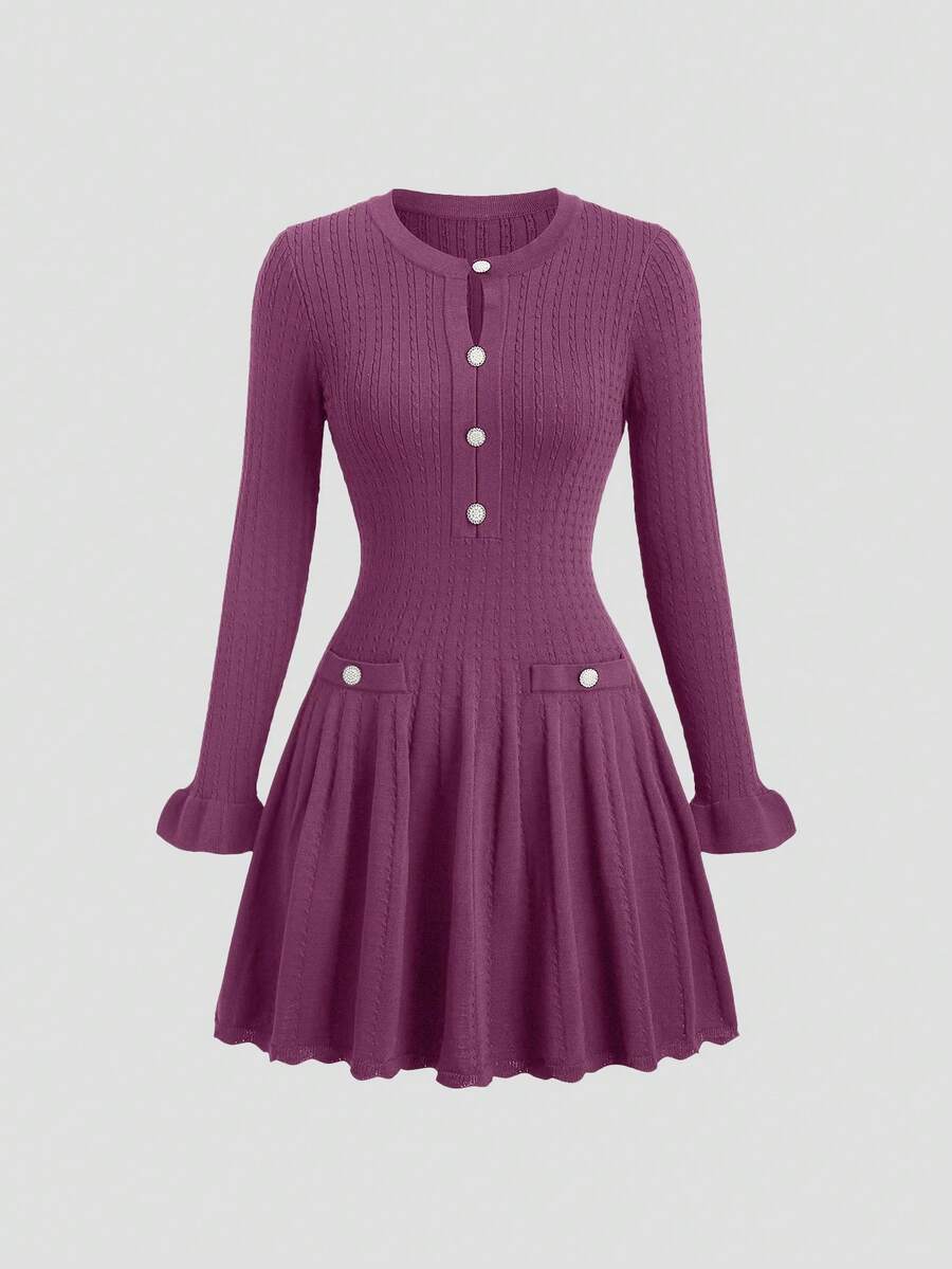Qadelle Abito corto in maglia a maniche lunghe con volant, elegante e vintage, adatto per l'inizio dell'autunno e per l'ufficio - Viola - Visualizzare 1