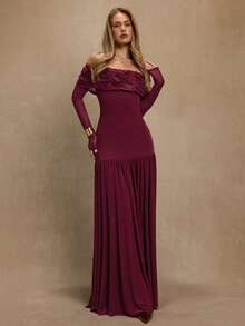 SHEIN BAE Abito da donna a maniche lunghe con spalle scoperte, in borgogna, con patchwork floreale 3D in rete, adatto per appuntamenti romantici, banchetti, eventi di compleanno, feste, occasioni formali, Ognissanti, Natale - Bordò - Visualizzare 7