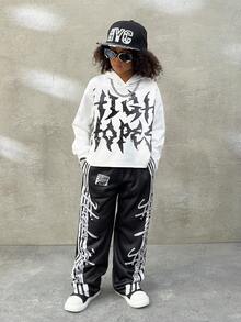 Coolane Kids Bộ áo hoodie, áo nỉ in họa tiết tối màu phong cách đường phố thu/đông cho bé trai tuổi teen và quần ống rộng - Đen và trắng - Xem 3