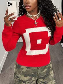 SHEIN BamGlam Áo len dệt jacquard cổ tròn tay dài màu đỏ họa tiết chữ cái đơn giản phong cách đường phố cho nữ - Đỏ - Xem 5