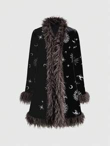 ROMWE Hippie Women's Moon & Star Sequin Embroidered Faux Fur Jacket - Black - View 1