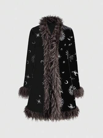Hippie Veste en fausse fourrure avec broderie de sequins lune et étoile pour femmes