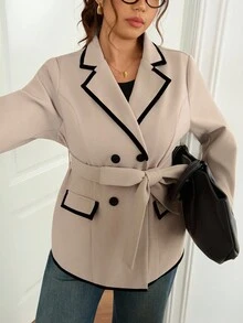 Lounesse 大码女式撞色设计休闲宽松夹克，时尚大码外套女式外套女式西装外套连衣裙夹克外套西装外套冬季秋季 - 杏色 - 查看 5